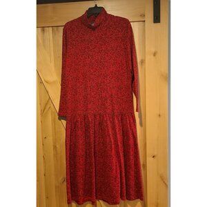 Vtg Lands End Floral Prairie Dress Womens Size M Red Low Waist Modest Turtleneck